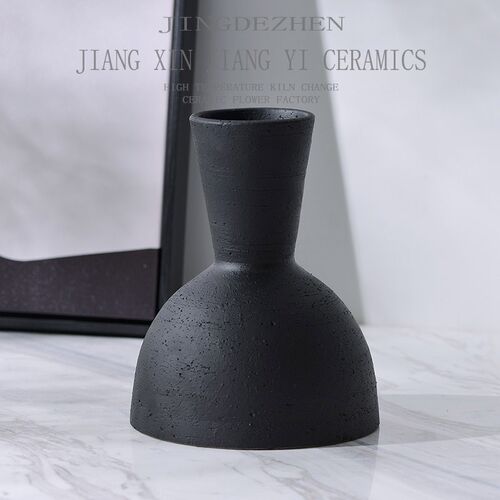 新中式黑色禅意土陶粗陶陶罐花瓶高级感陶瓷摆件酒店样板间装饰品