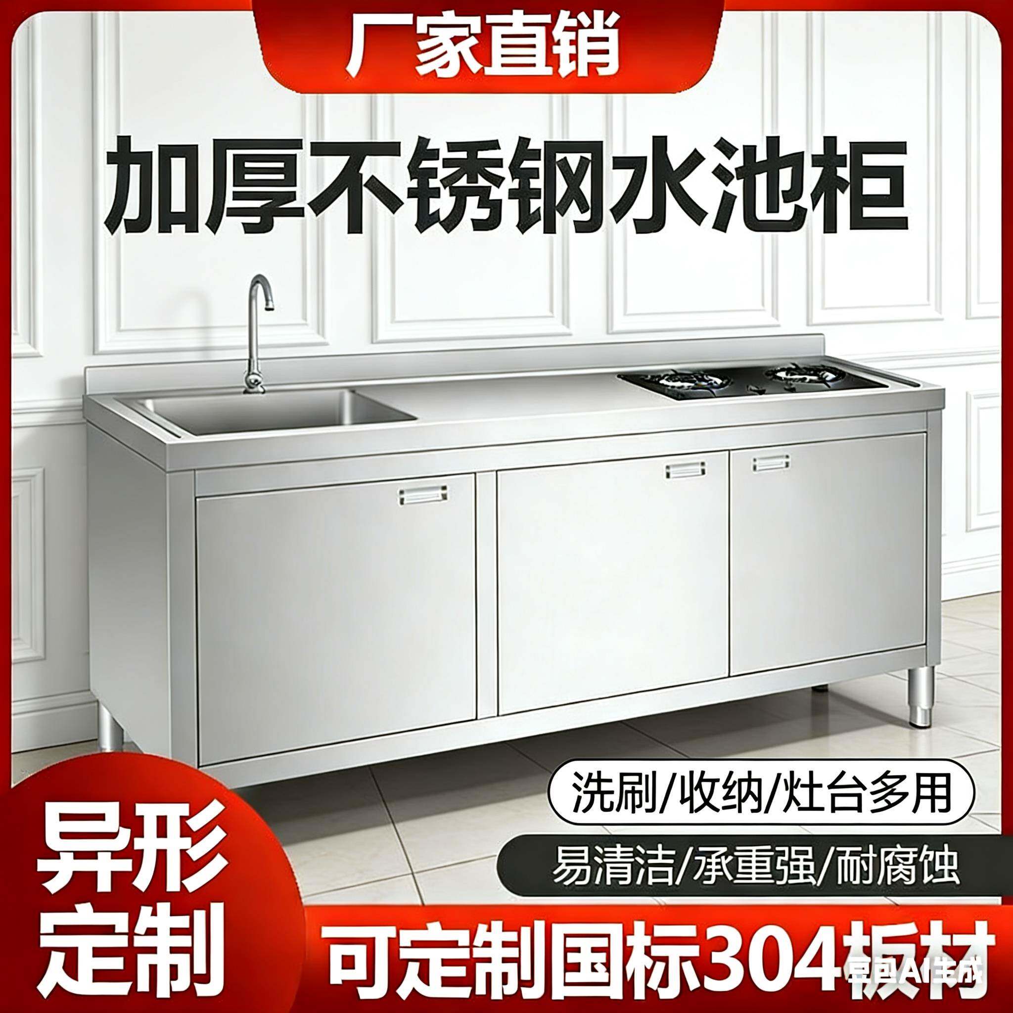 304不锈钢厨房水池柜一体商用洗刷收纳灶台多用工作台