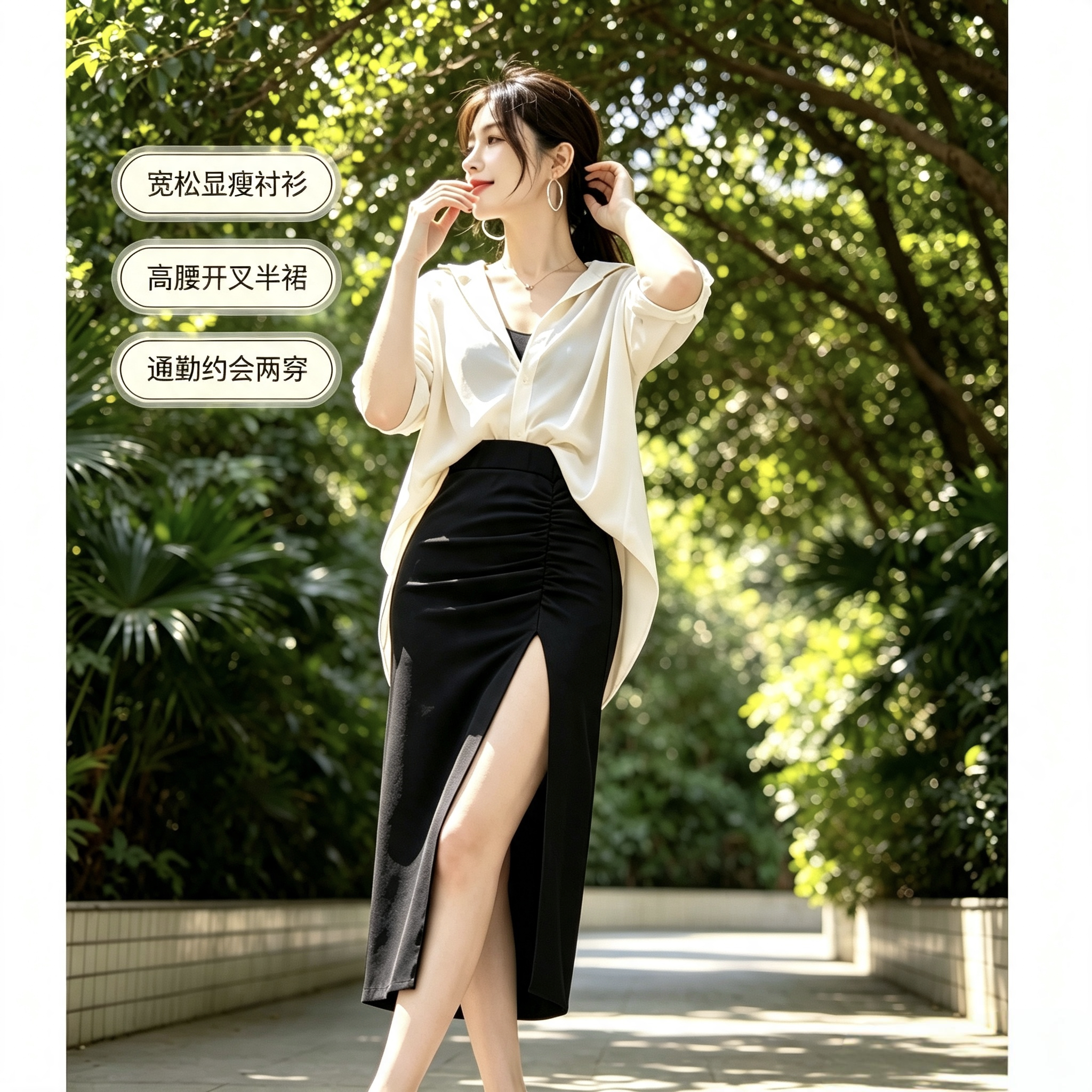 夏季2026气质衬衫半身裙两件套女宽松白衬衫高腰开叉包臀裙套装