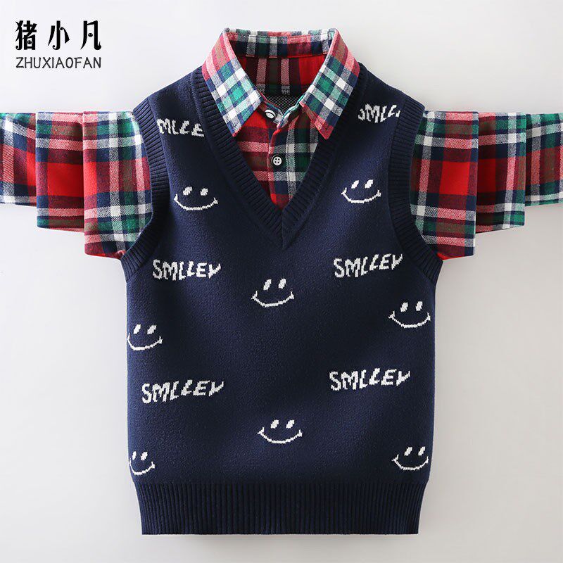 男童假两件毛衣2024秋冬新款儿童洋气纯棉针织衫中大童衬衫领上衣