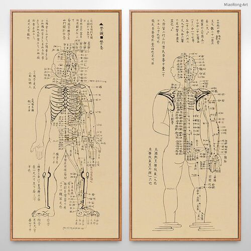 网红针灸铜装人穴位图人体经络全身经脉身体背古部饰画中医馆挂画