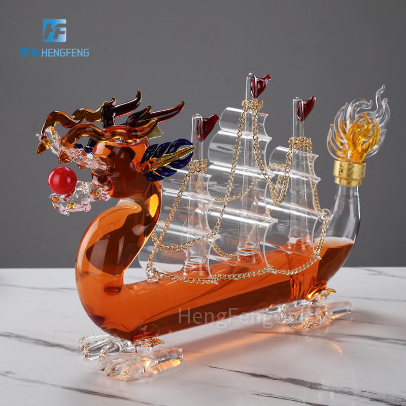 十二生肖龙舟造型工艺酒瓶 帆船龙舟1000ml创意玻璃工艺泡酒瓶