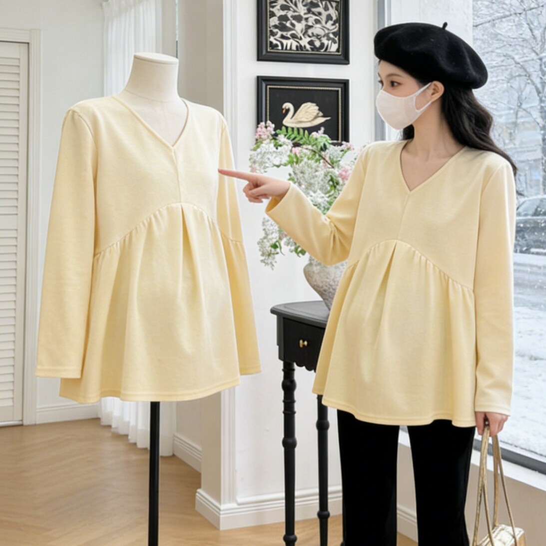 2026新款孕妇T恤中长款遮肚不显怀V领娃娃衫大码宽松长袖上衣春装