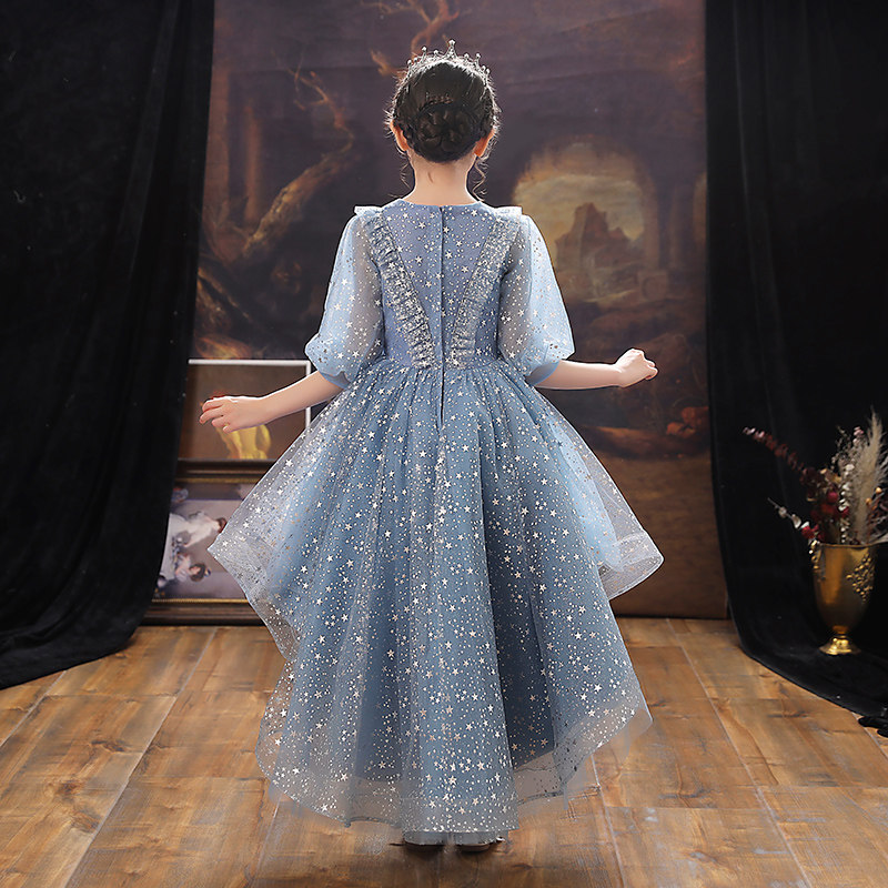 女童蓝色礼服公主裙蓬蓬纱生日花童婚纱主持人儿童钢琴演出服秋冬