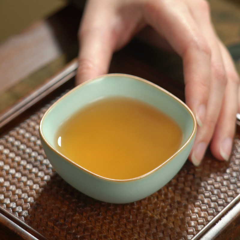 汝窑主人杯茶杯单杯四方杯复古茶盏景德镇陶瓷汝瓷品茗杯开片瓷器
