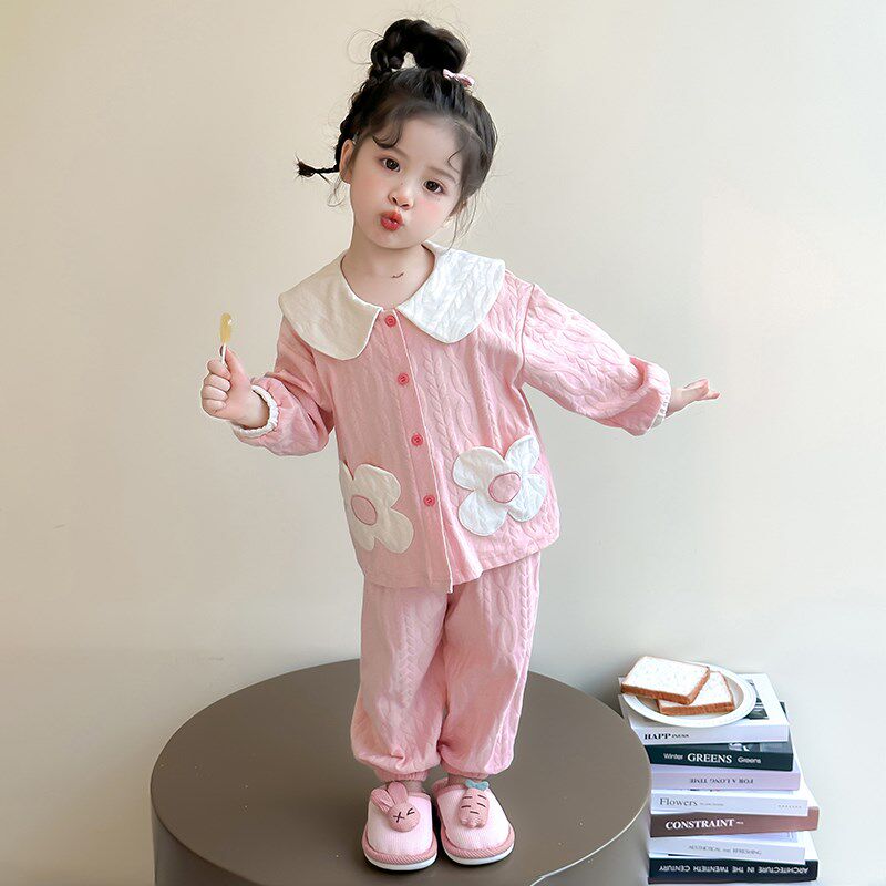 女童春秋款开衫睡衣2025新款儿童家居服套装女宝宝春季可爱空调服