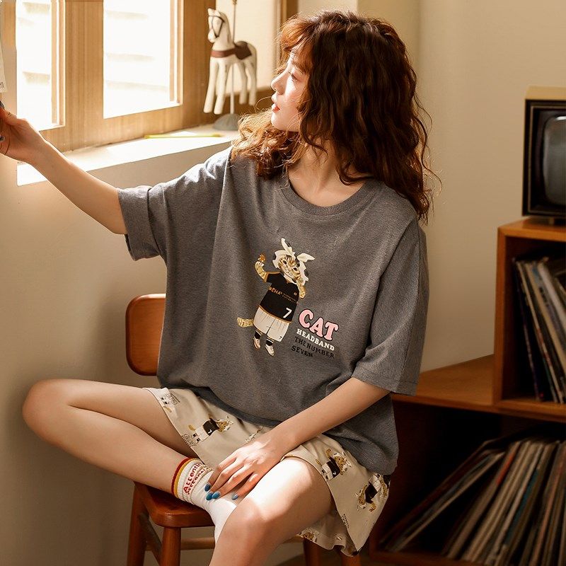 夏季睡衣女款纯棉短袖短裤可爱卡通宽松黑白色家居服少女夏天套装