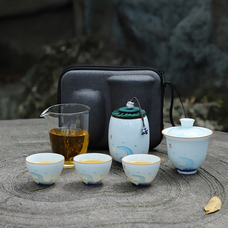 手绘旅行便携式茶具套装茶叶罐快客杯车载户外功夫泡茶器一壶三杯