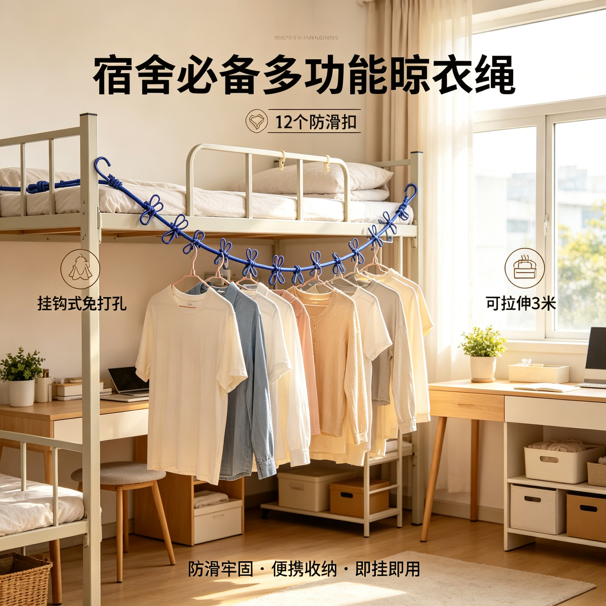 晾衣绳加粗户外旅行晾衣绳宿舍室内外免打孔防风防滑晒被子jy