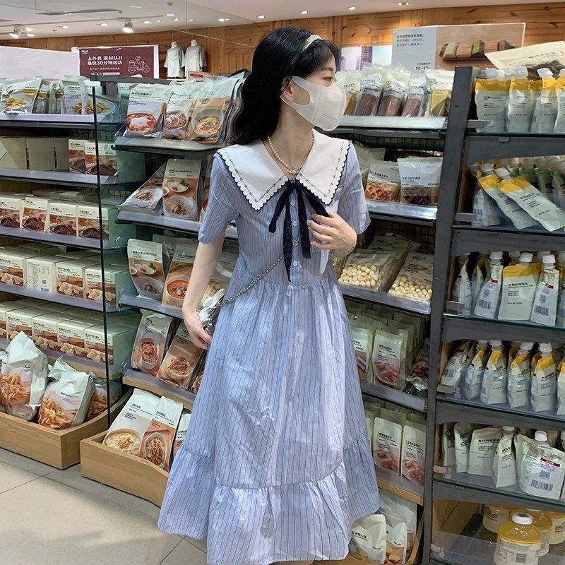 初中生甜美学院风中长裙夏2024新款高中学生时尚少女娃娃领连衣裙