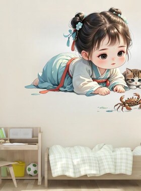 可爱的汉服小姐姐玩螃蟹贴纸冰箱厨房装饰贴纸餐厅橱柜防水自粘贴