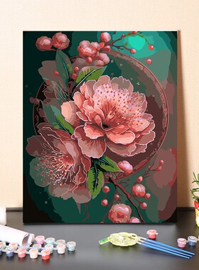 数字油画diy填充中国风花开富贵桃花朵朵手工填色客厅装饰油彩画