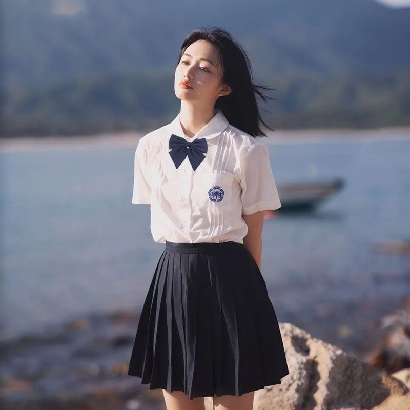 学生jk制服中长款百褶半身裙长裙显瘦班服衬衫套装学院风大码女夏