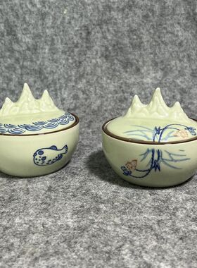 青瓷陶瓷青花釉里红荷花诗文小鱼多功能墨池砚台带盖子墨盒笔搁
