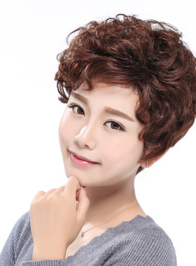 真发假发套女短发自然逼真中老年假发妈妈中年女人短卷发真人发丝