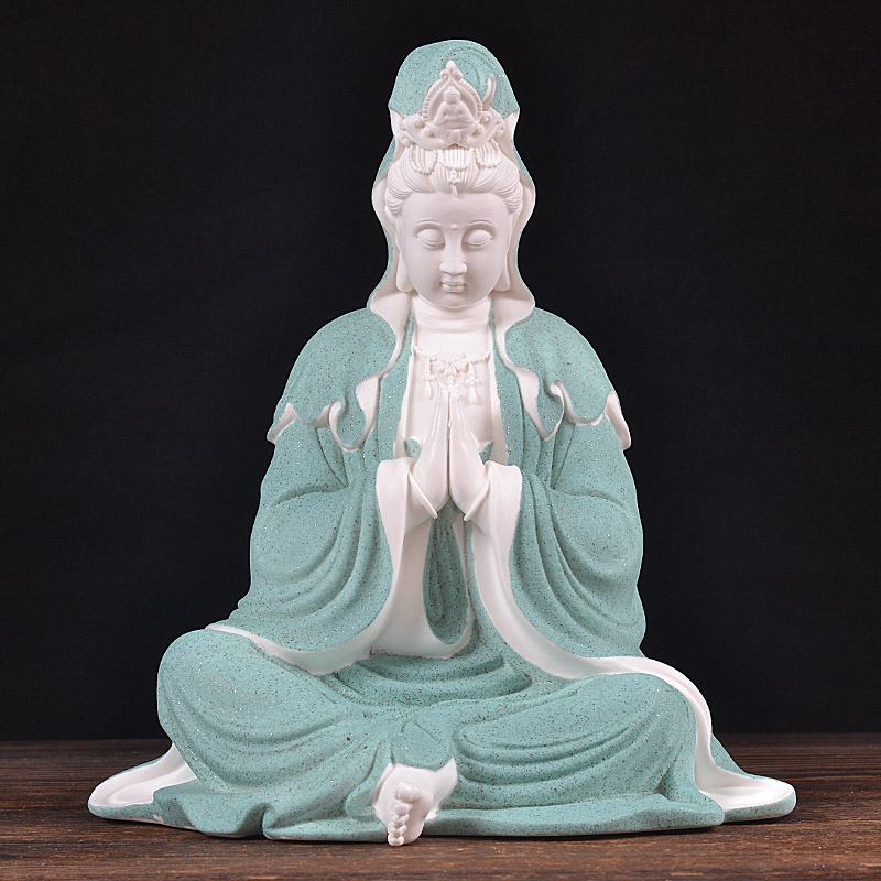 陶瓷佛像合掌观音观世音菩萨家居客厅禅意玄关灯圈木底座工艺摆件