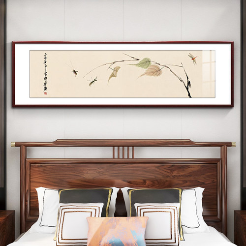 齐白石荷花新中式卧室床头挂画主卧背景墙装饰画老人房间高档壁画
