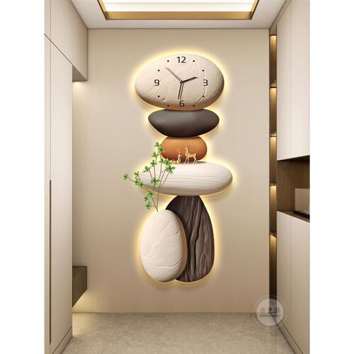 石来运转入户玄关装饰画带钟表发光灯画走廊尽头电视墙好寓意挂画