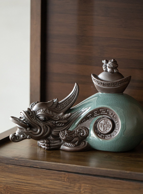 创意招财貔貅摆件陶瓷哥窑开片皮丘中式家居客厅玄关办公桌装饰品