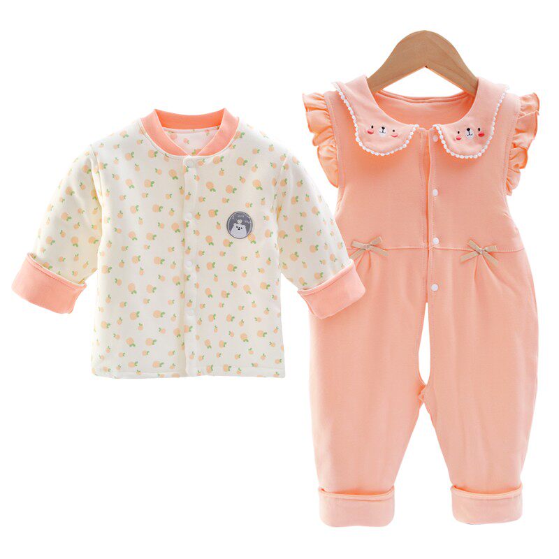 女宝宝公主甜美薄棉衣套装秋婴幼儿纯棉背带裤两件套双层夹棉衣服