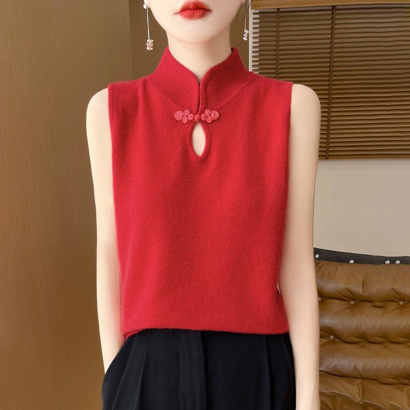 中国风无袖背心内搭女装高级感盘扣针织西装打底衫仿羊毛立领上衣