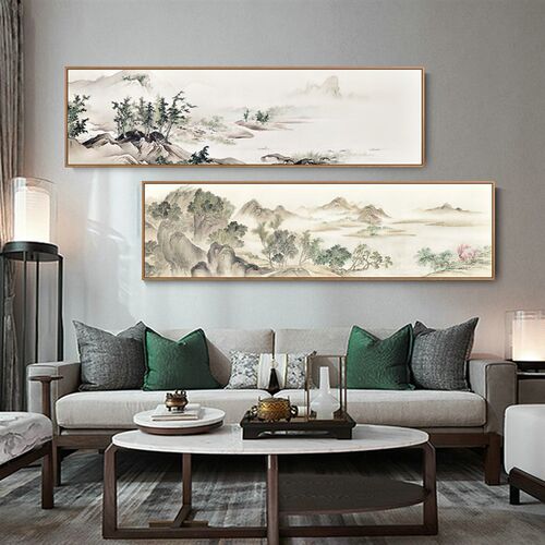 湖山春暖横幅 新中式床头山水挂画艺术画样板房卧室大气装饰画