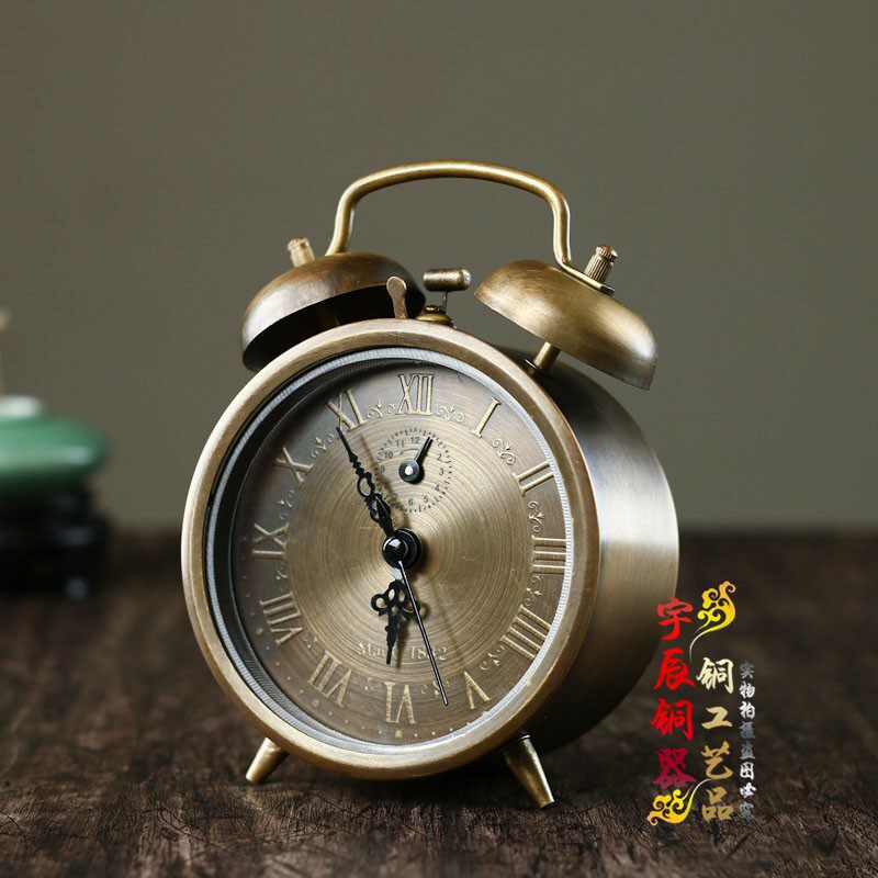 仿古做旧闹钟纯铜创意床头钟表上弦钟表座钟家居装饰老式机械闹钟