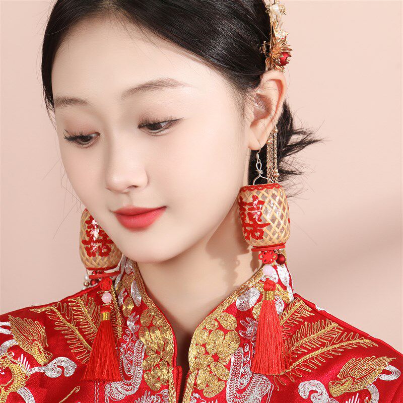 潮汕迷你小灯笼喜字耳环手工竹编油纸发光古风挂件结婚拍照小摆件