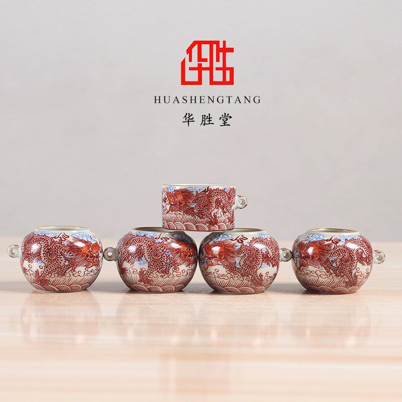 华胜堂 景德镇手绘仿古粉彩双龙红子罐鸟食罐小鸟杯水罐 鸟笼配件