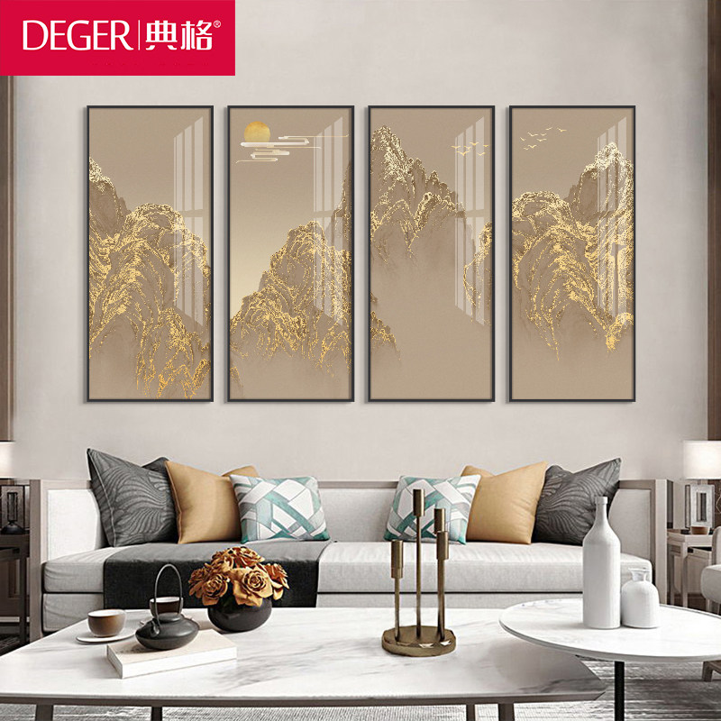 新中式客厅装饰画沙发背景墙四联画3d立体山水画背靠日照金山挂画
