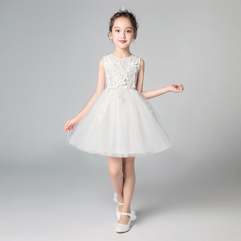 儿童礼服白色公主裙女童蓬蓬纱花童婚纱小主持人钢琴演出服长版夏