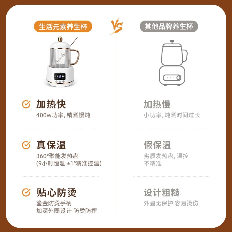生活元素养生电炖杯办公室迷你小型多功能热牛奶神器煮茶壶烧水壶