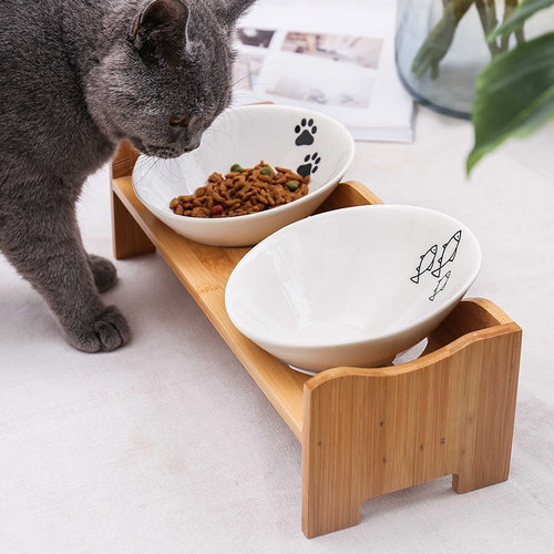 猫碗斜口碗防溅陶瓷猫食盆饮水高脚防漏可爱护颈椎双碗架子猫粮碗