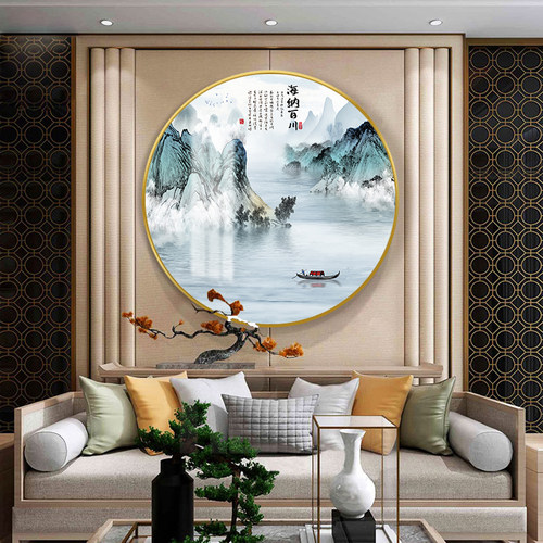新中式入户玄关装饰画圆形山水画挂画过道书房茶室客厅背景墙壁画