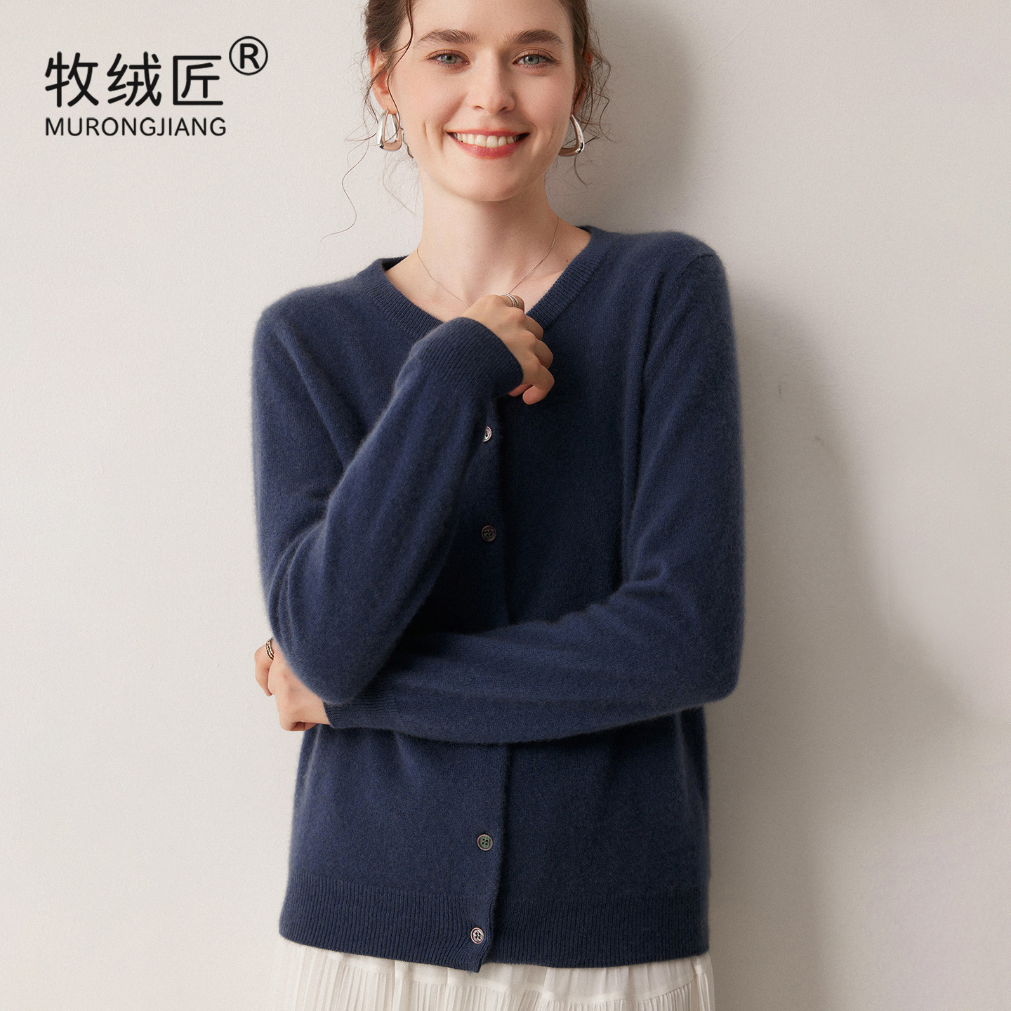 牧绒匠 软糯亲肤~100%纯山羊绒衫女 圆领开衫 羊毛衫秋冬打底毛衣