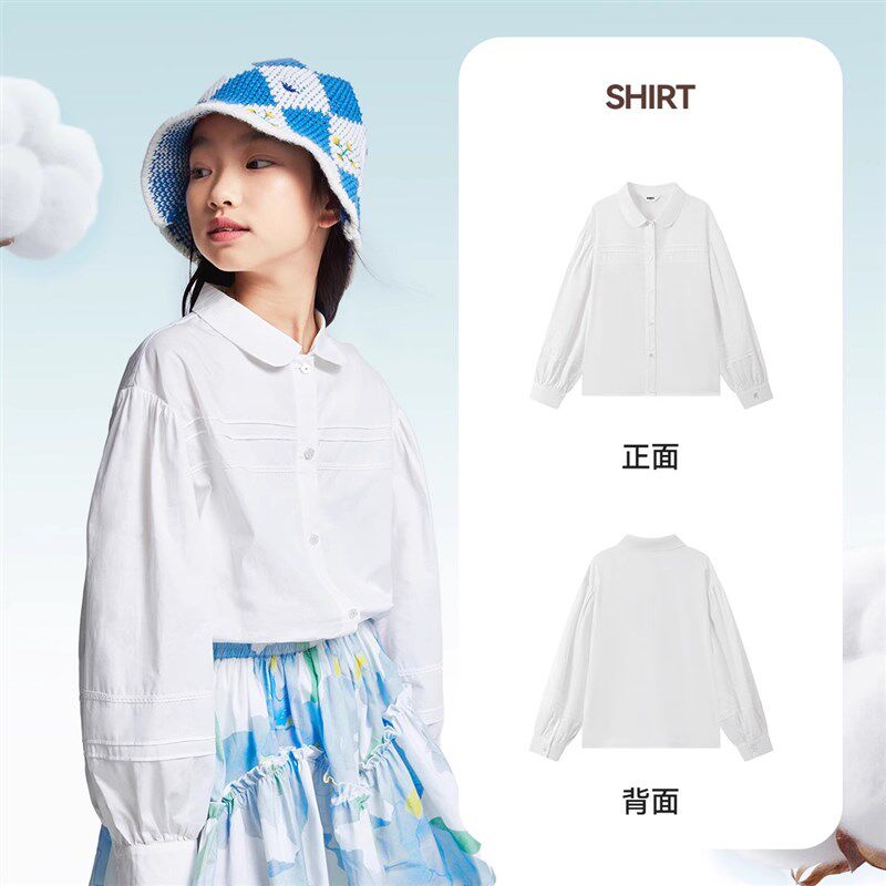 安奈儿女童装翻领长袖纯棉衬衣2025春季新款宽松灯笼袖白色衬衫