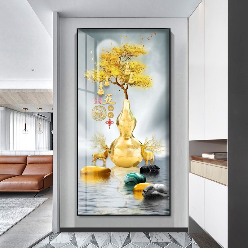 网红五福临门玄关装饰画新中式走廊好竖版楼梯墙壁画过道寓意客厅