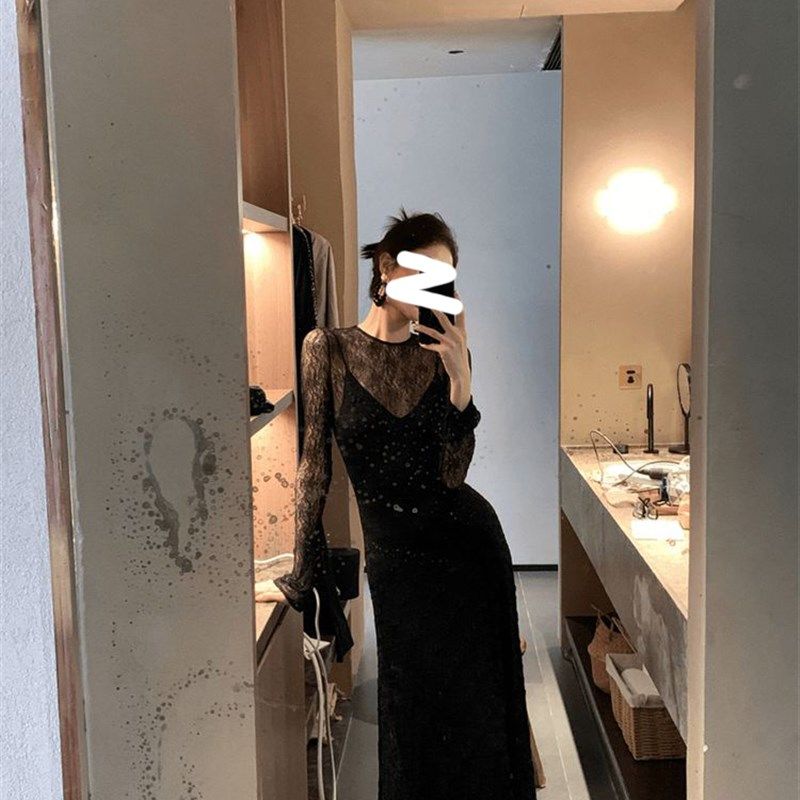 微胖大码法式洋气蕾丝内搭连衣裙黑色吊带裙两件套女夏季新款套装