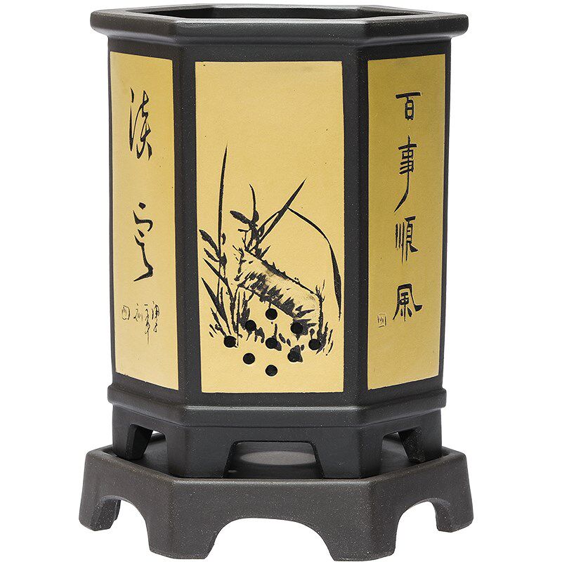 大德号六方形紫砂黑泥手工带托盘盆景盆绿植透气兰花蓝草专用花盆