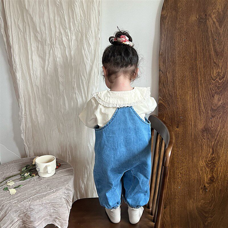 女宝宝春装牛仔背带裤花边领上衣套装女童开春衣服洋气时髦两件套