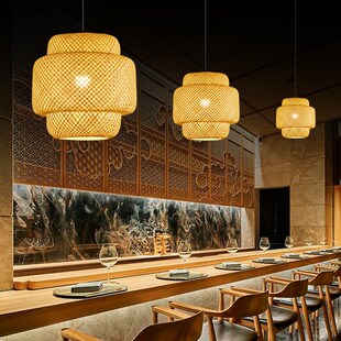 竹艺吊灯餐厅茶室灯中式 艺术 复古民宿灯具店铺商用竹灯笼创意个性