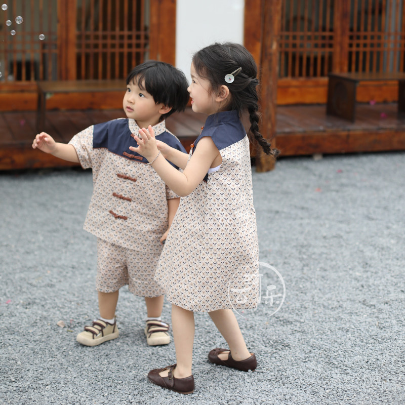2023中国风儿童姐弟装夏季女童新中式改良旗袍男童立领中式唐装棉