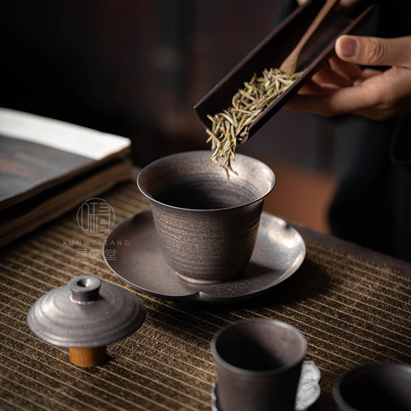 古铜釉粗陶盖碗复古风鎏金铁锈釉三才碗二才泡茶碗陶瓷功夫茶具