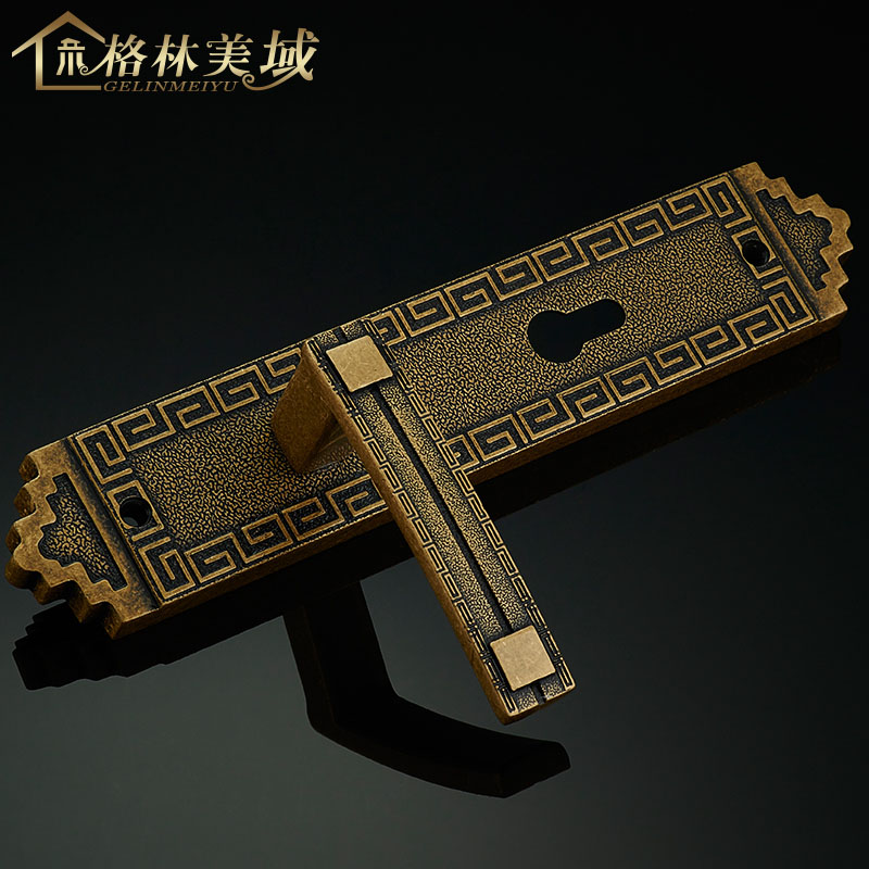 格林美域 中式黄铜别墅大门锁 回纹仿古实木门锁 双开对开门锁