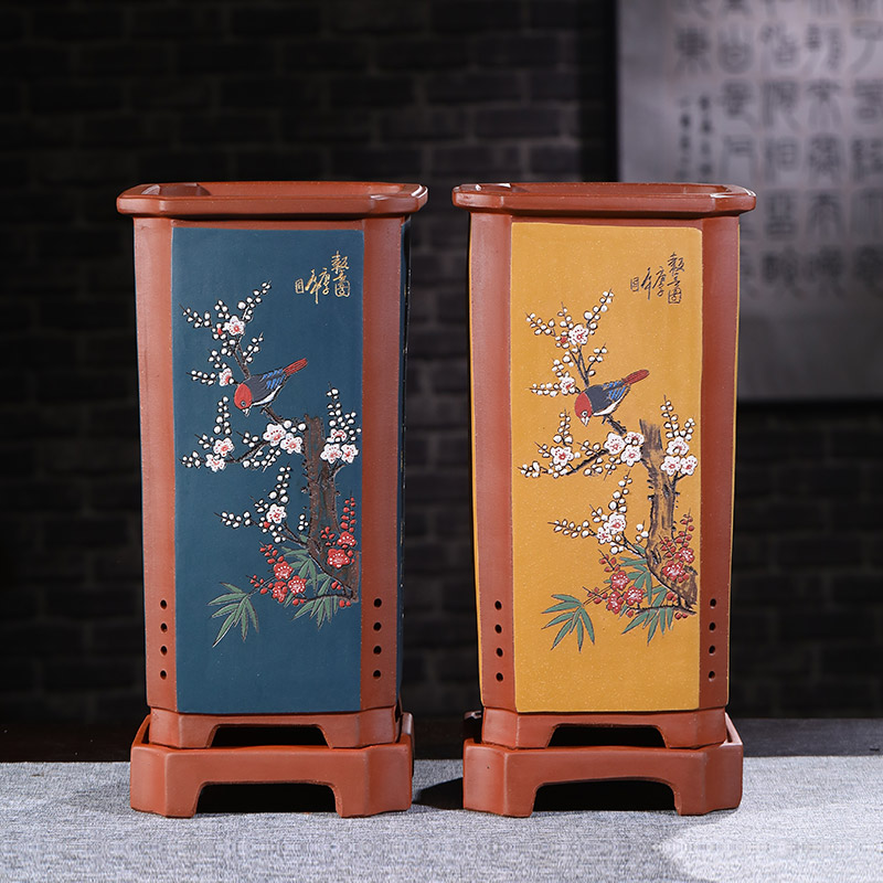 精品紫砂四方悬崖花盆高48cm带底座 客厅中国风落地花盆深蓝色
