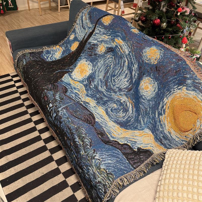 复古色油画文森特梵高星夜星空挂毯装饰毯盖毯床毯毛毯针织毯