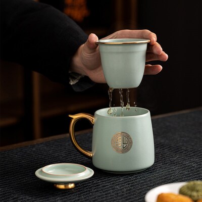 汝窑定制茶杯办公室泡茶杯男士个人专用水杯刻字杯子陶瓷马克杯