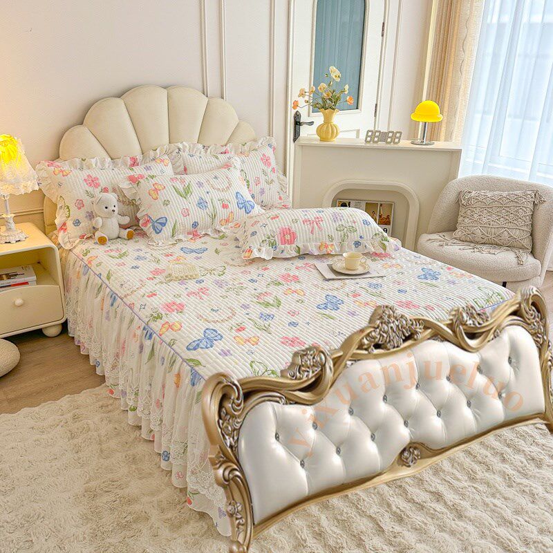 新款欧式无床尾夹棉蕾丝床裙四季加厚绗缝单件防滑儿童床单床罩