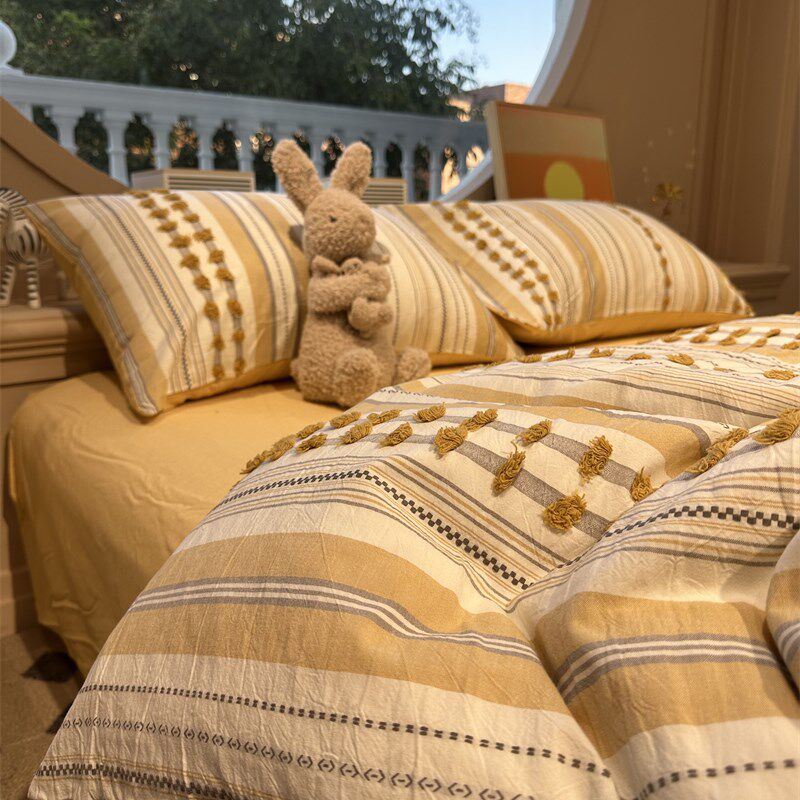 色织水洗棉芝士奶酪黄毛球球床上四件套全棉1.5m1.8米公寓被套三