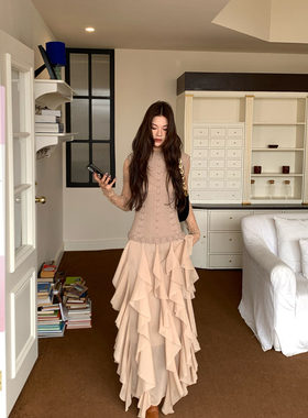 马儿MAR 法式复古绵羊毛针织手钩花拼接长款无袖连衣裙女层次裙摆